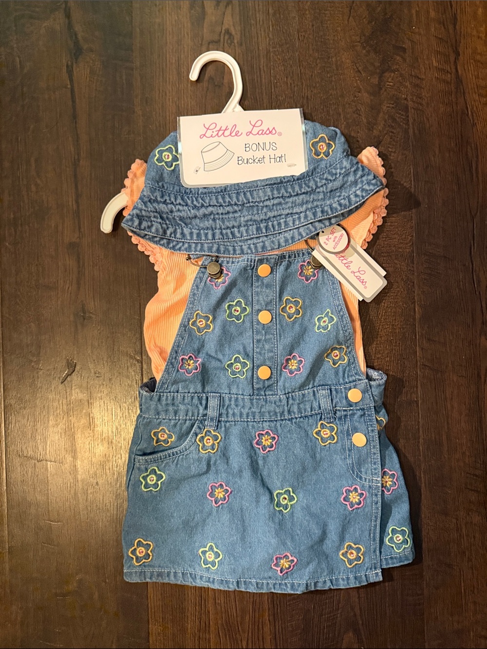 Little Lass Blue Denim Floral Overall Dress with Peach Top & Blue Bucket Hat